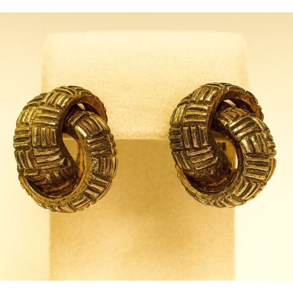 80s Vintage Chunky Gold Tone Twisted Embossed Clip On Earrings Retro Chic Money - Picture 1 of 4
